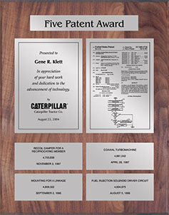 Patent Plaques Custom Wall Hanging 5-Series Patent Plaque - Silver on Walnut.